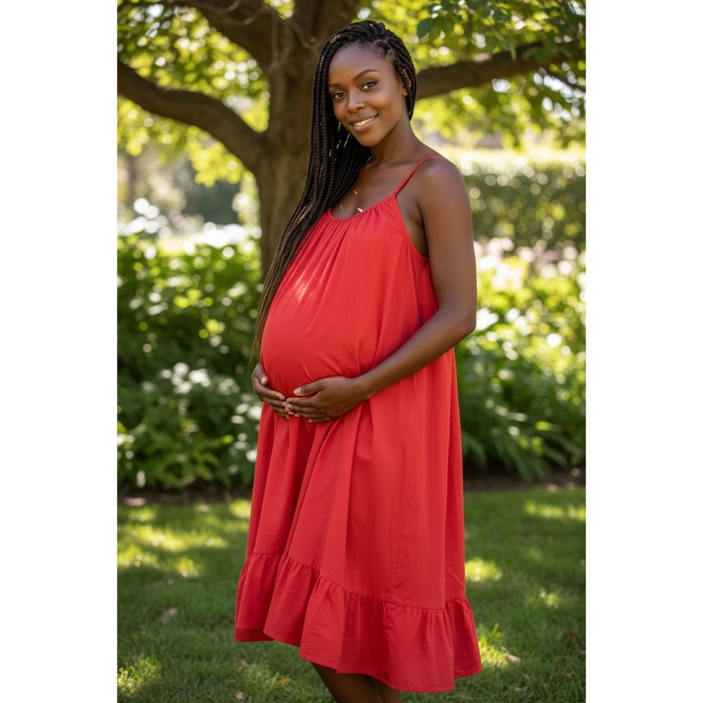 A Pea in the Pod Red Embroidered Maternity Midi Dress Spaghetti Strap Ruffle L